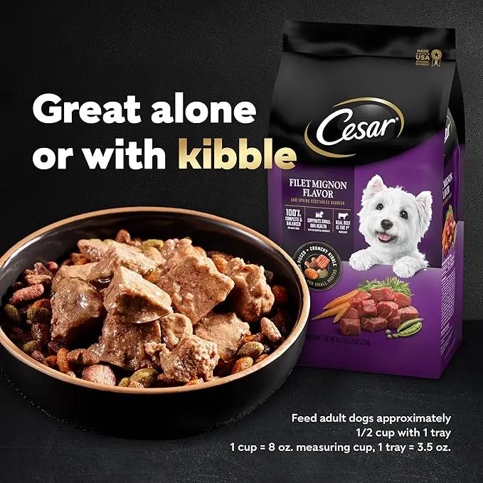 CESAR Soft Wet Dog Food Loaf in Sauce Rotisserie Chicken Flavor with Bacon & Cheese and Filet Mignon Flavor with Bacon & Potato Variety Pack, (12) 3.5 oz. Easy Peel Trays, Pack of 2 - PAWPICO