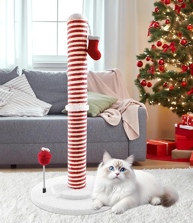Christmas Cat Scratching Post,Christmas Cat Scratcher for Indoor Cats,Christmas Cat Tree Tower Activity Cat Play Center with Santa Danging Sock Toys and Gift Box - PAWPICO
