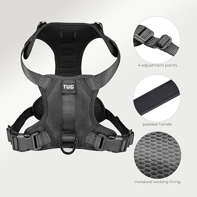 TUG Dog Harness with 2 Leash Connection Points | Adjustable, Padded, Lightweight Harness | Handle on Back | No-Pull Front Clip (Small, Black) TUG