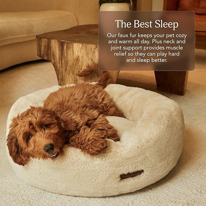 UnHide Floof Pet Bed - Large (35" x 12") - Extra Soft Dog Bed - Removable Faux Fur Cover - Machine Washable - Helps Ease Pet Anxiety & Provides The Perfect Sleep - Beige Bear - PAWPICO