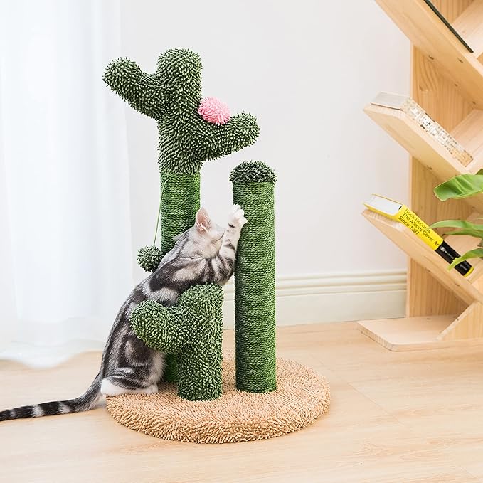 Pesofer Cactus Cat Scratching Post Cat Scratcher with 3 Scratching Poles, Flower Décor and Dangling Ball for Kitten, Adult Cats Large - PAWPICO