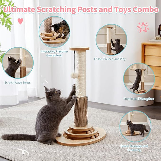 Made4Pets Cat Scratching Post, 23" Tall Sisal Cat Scratcher Post with Cat Self Groomer, 4-in-1 Interactive Trackball Toys with Cat Hair Brush, Vertical Cat Climbing Tree with Dangling Plush Balls - PAWPICO