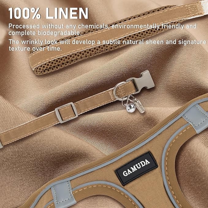 GAMUDA Small Pet Harness Collar and Leash Set, Step in No Chock No Pull Linen Fabric Soft Mesh Dog Vest Harnesses Reflective for Dogs Puppy Cats Kitten Rabbit (Brown, L) GAMUDACollarsCollection