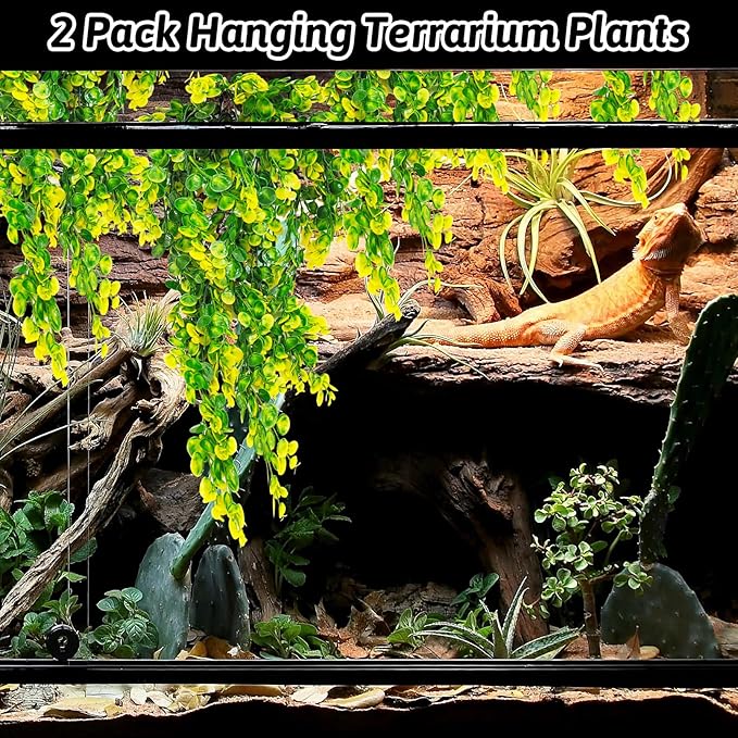 Hamiledyi Reptile Plants Hanging Terrarium Plants Artificial Leaves Habitat Decorations with Suction Cup Green and Yellow Fake Amphibian Plants for Bearded Dragon Lizard Geckos Chameleon(2 Pack) Hamiledyi