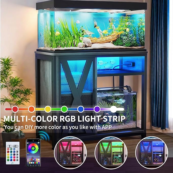 YITAHOME Fish Tank Stand with Power Outlets & LED Light, 40-50 Gallon Metal Aquarium Stand with Cabinet for Fish Tank Accessories Storage for Turtle Tank, Reptile Terrarium, 660LBS Capacity, Grey YITAHOME