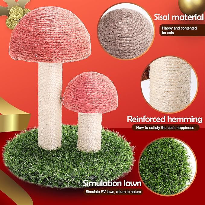 PowerKing Mushroom Cat Scratching Post, 15 x12 Inches Claw Scratching Post for Kitty, Natural Sisal Cat Scratchers Pole, Cat Interactive Toys, Cat Tree Tower (Pink) - PAWPICO