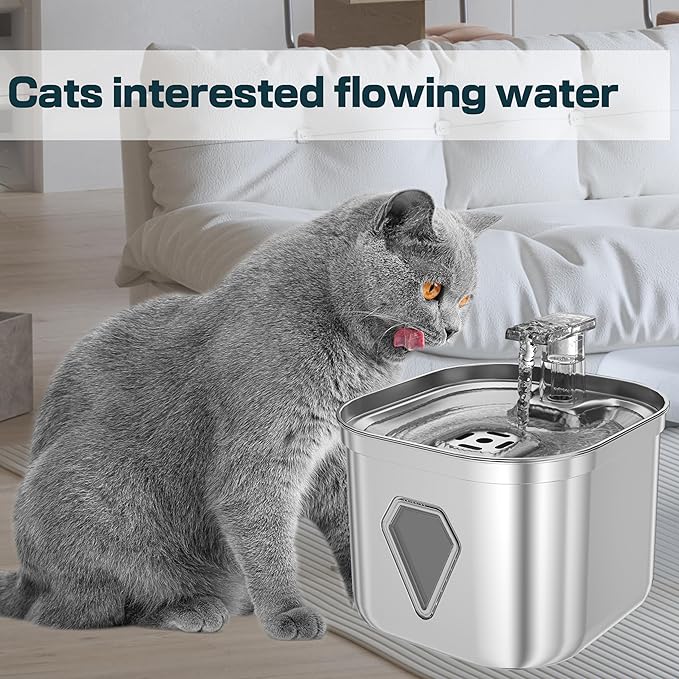 Cat Water Fountain Stainless Steel, Pet Water Fountain for Drinking, 2.2L/73oz Cat Fountain, Automatic Dog Water Dispenser, Water Level Window&3 Filters, Multiple Pet Fountain - PAWPICO