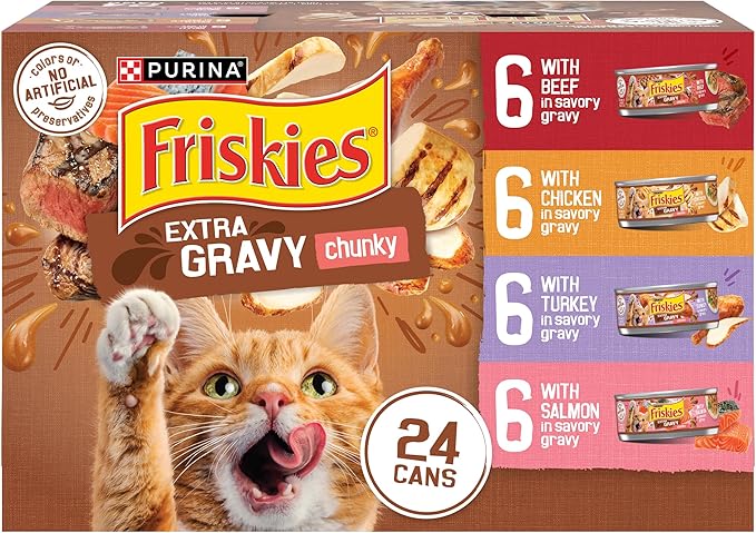 Purina Friskies Extra Gravy Wet Cat Food Chunky 24ct Variety Pack (With Chicken, Turkey, Salmon, Beef) - (Pack of 24) 5.5 oz. Cans - PAWPICO
