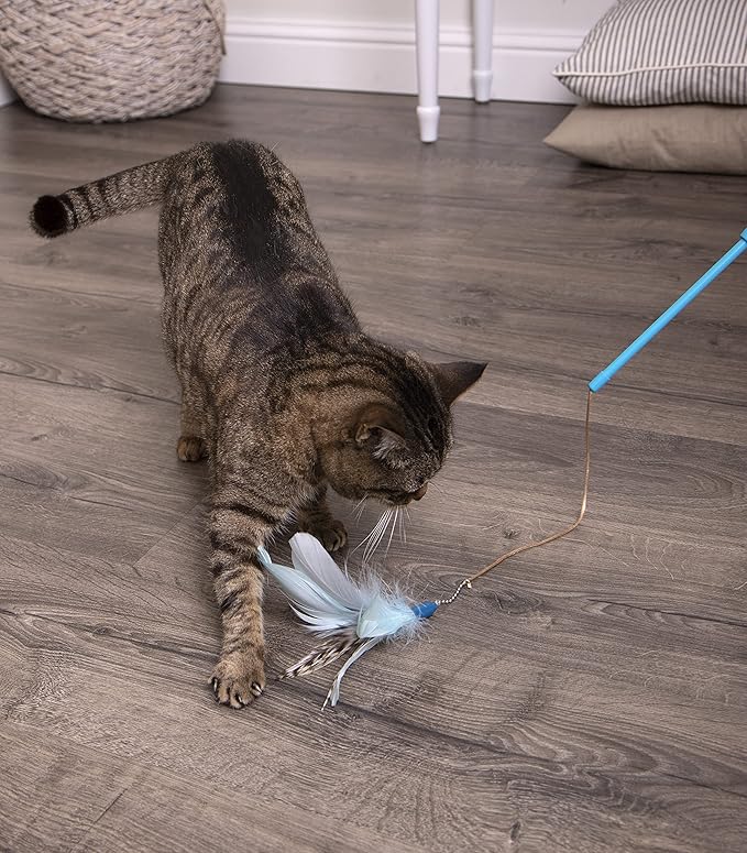 SmartyKat Frisky Flyer Feather Wand Cat Toy, Extendable Up to 24" - Blue, One Size - PAWPICO