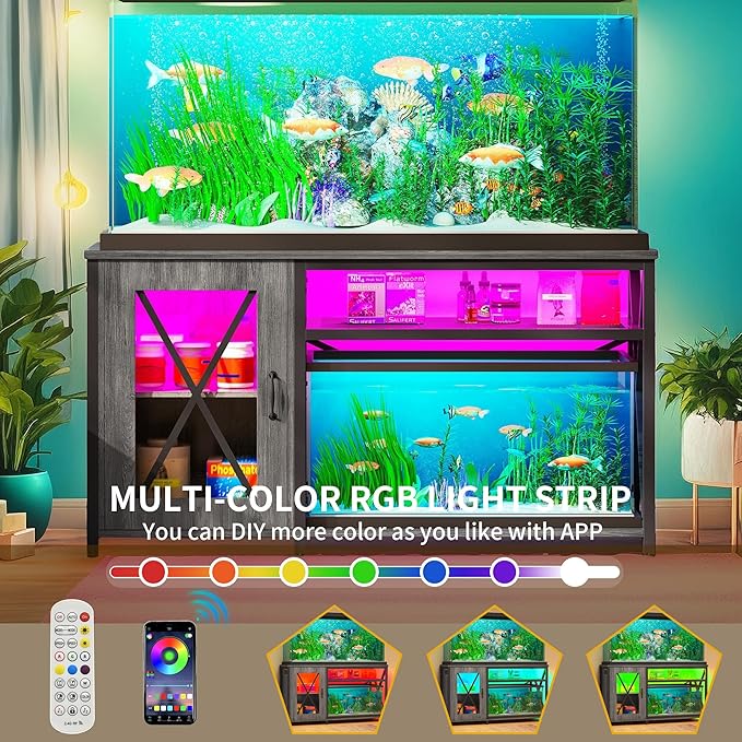 YITAHOME Fish Tank Stand with Power Outlets & LED Light, 55-75 Gallon Metal Aquarium Stand with Cabinet for Fish Tank Accessories Storage for Turtle Tank, Reptile Terrarium, 860LBS Capacity, Grey YITAHOME
