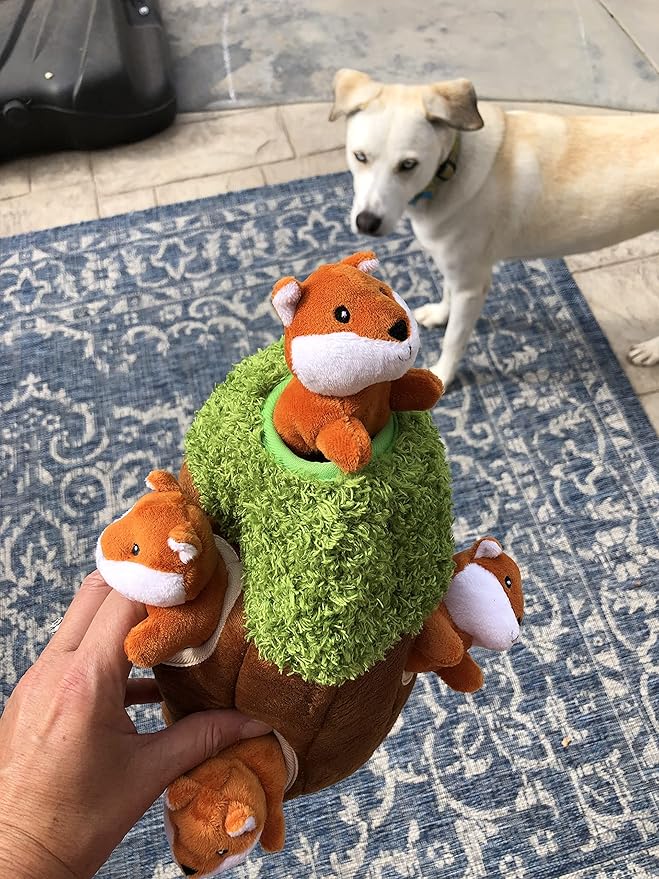 Fox in Tree Hide and Seek Dog Toy for Small and Medium Size Dogs, Plush Fox Inside Trunk Dog Toy with Squeaker, Interactive Burrow Dog Toy (Tree with Fox, Medium) - PAWPICO
