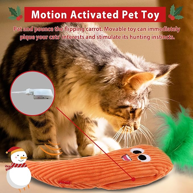 Gigwi Cat Toys Flapping Carrot with Catnip, Moving Activated Cat Kicker and Chew Toy, Automatic Motion Kitten Toys, Flappy Wiggle for Cat Exercise, Interactive Cat Toys with USB Rechargeable - PAWPICO