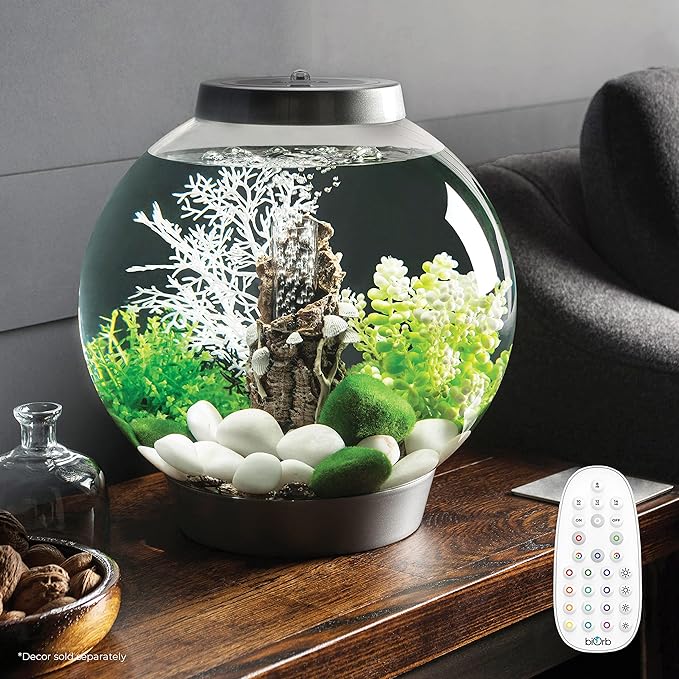 biOrb Classic 15 Acrylic 4-Gallon Aquarium with Multi-Color Remote-Controlled LED Lights Modern Compact Tank for Tabletop or Desktop Display, Silver biOrb