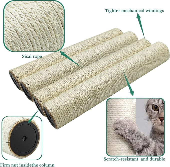 Cat Scratching Post Replacement Pole,4 PCS 15.7 in Cat Tree Replacement Post,Natural Sisal Cat Tree Replacement Parts with M8 Screws - PAWPICO