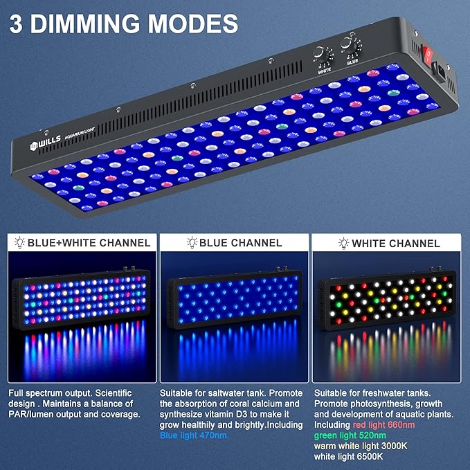 WILLS Aquarium Light, Dimmable Full Spectrum Fish Tank Light with 3 Dimming Modes & 105 Premium SMD Chips, 300W LED Aquarium Plant Light for Saltwater Freshwater Coral Reef (28"x8.5"x2.4") WILLS