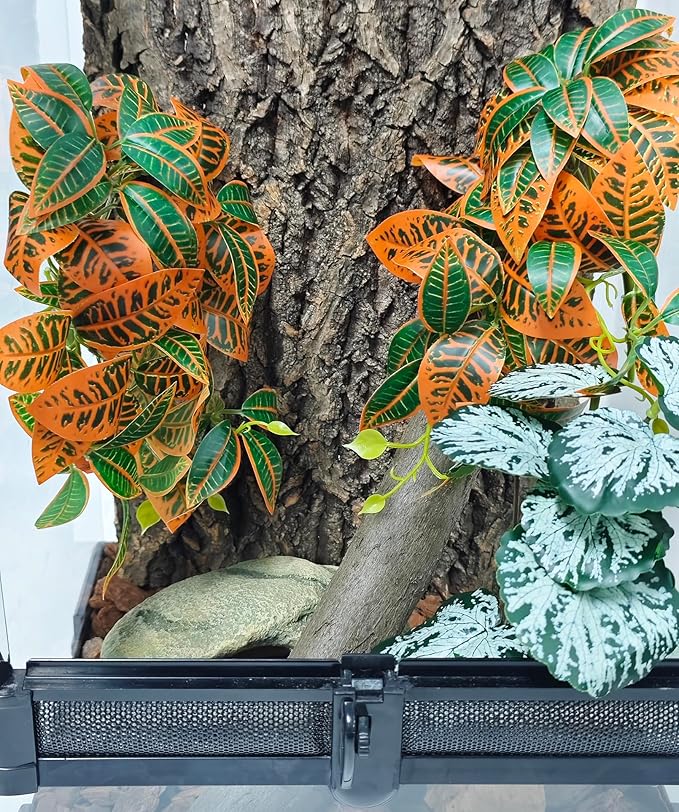 Woyrise 2 Pack Reptile Plants, Terrarium Hanging Plant Vines, Artificial Leaves with Suction Cup, Bearded Dragon Tank Accessories for Gecko Lizard Snake Frog Tortoise Decorations - Codiaeum Variegatum Woyrise