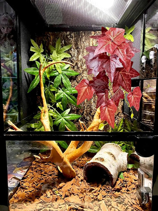 Woyrise 2 Pack Reptile Plants for Terrarium, Amphibian Habitat Decor Artificial Hanging Plants with Suction Cup for Gecko Lizard Snake Chamelon - Fake Red Ivy Woyrise