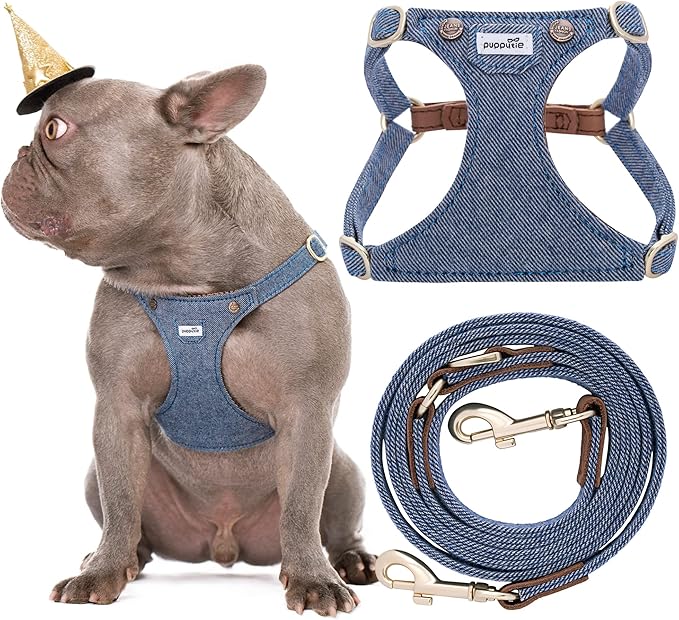 Puppytie No Pull Dog Harness with Multifunction Dog Leash,Soft Adjustable No Choke Escape Proof Pet Harness Vest for Medium Dogs,Denim Light Blue,M Puppytie