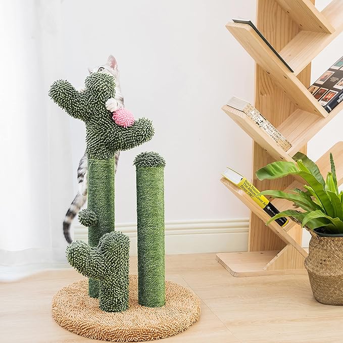 Pesofer Cactus Cat Scratching Post Cat Scratcher with 3 Scratching Poles, Flower Décor and Dangling Ball for Kitten, Adult Cats Large - PAWPICO