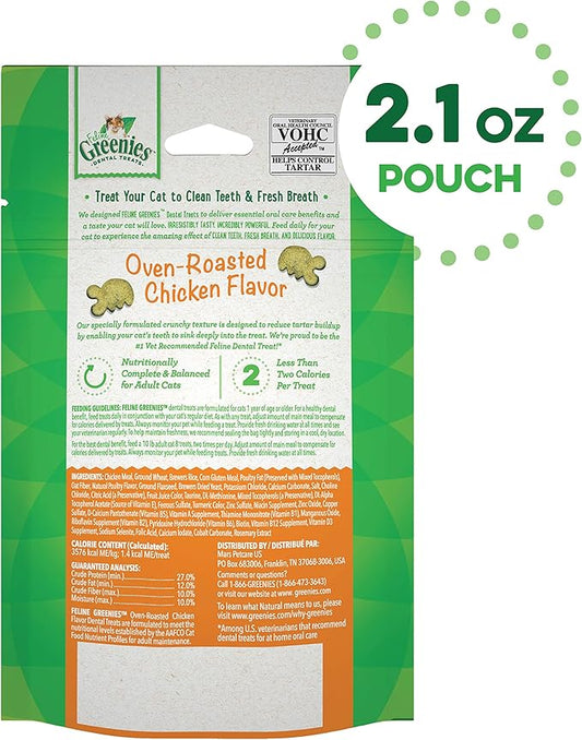 Greenies Feline Adult Natural Dental Care Cat Treats, Over Roasted Chicken Flavor, 2.1oz. Pouch GREENIES