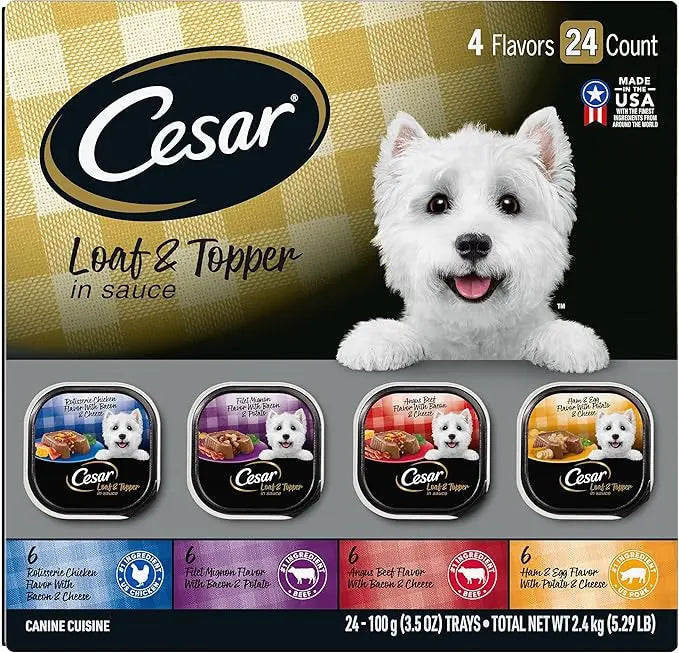CESAR Adult Wet Dog Food Loaf in Sauce Rotisserie Chicken, Filet Mignon, Angus Beef, and Ham & Egg Flavors Variety Pack, 3.5 oz. Easy Peel Trays, Pack of 24 - PAWPICO