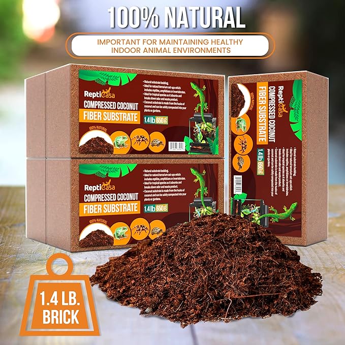 Compressed Coconut Fiber Substrate, 1.4 lb. Bricks, Natural Husk Terrarium Bedding, Reptiles, Frogs, Snakes, or Tortoise, Odor and Waste Absorbent Compostable, 5 Pack ReptiCasa