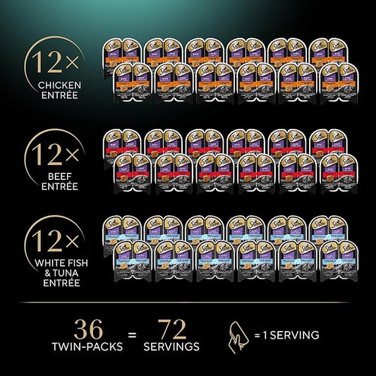 Sheba Perfect Portions Wet Cat Food Pate Savory Chicken Entree, Tender Beef Entree, and Tender White Fish and Tuna Entree, 2.6 oz. Twin-Pack Trays (36 Count, 72 Servings) - PAWPICO