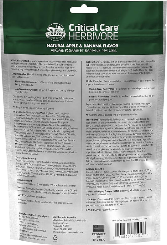 Oxbow Critical Care Herbivore - Nutritionally Complete Feeding Assist Formula for Small Animals & Pets - Critical Care Herbivore Apple-Banana (454g) OxbowAnimalHealth