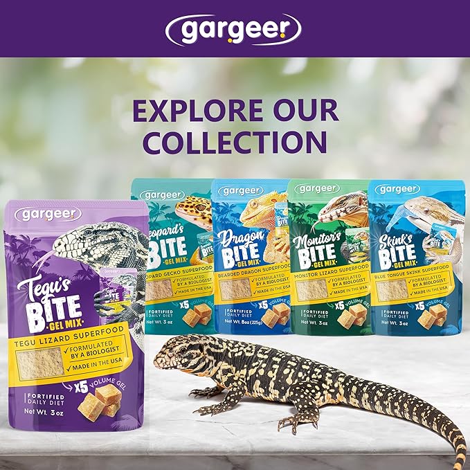 3oz Tegu Lizard Food. Complete Gel Diet for Both Juveniles and Adults. Proudly Made in The USA, Using Premium Ingredients, Fortified Gourmet Formula. Enjoy! Gargeer