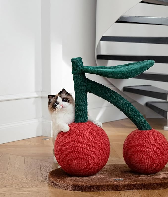 VETRESKA Cat Scratching Post, Large Cherry Cat Scratcher with Hammock, Tall Cat Scratch Interactive Toy with Natural Sisal Rope for Indoor Cats, Kittens - PAWPICO