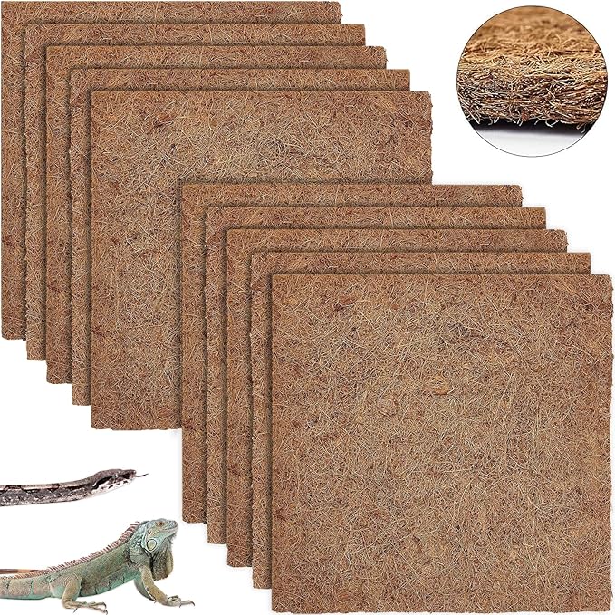 ZeeDix 10 Pieces Coconut Fiber Reptile Substrate Mat, 14 x 14 inches Natural Coco Coir Mat Turtle Bedding Tortoise Carpet Reptile Terrarium Liner for Lizard Snake Turtle Gecko Bearded Dragon ZeeDix