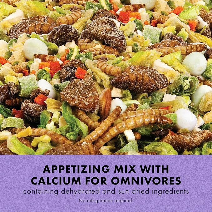 Zilla Reptile Munchies, Omnivore Mix with Calcium, Dehydrated and Sun Dried Vegetables and Insects, Natural with Added Calcium, Resealable Bag 4 oz. Zilla