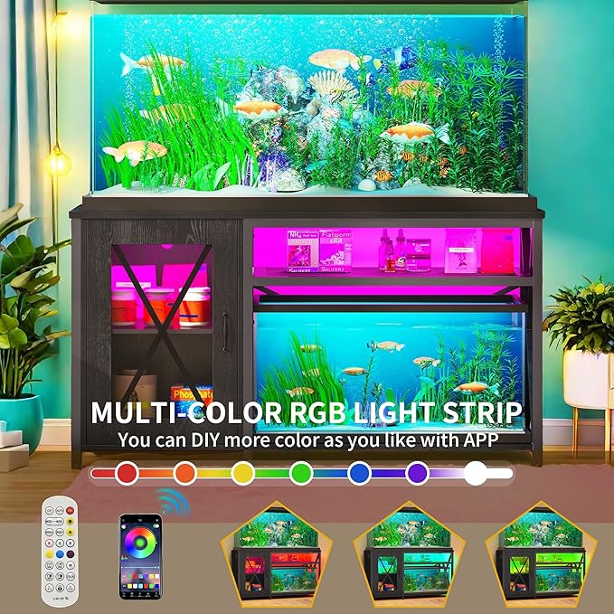 YITAHOME Fish Tank Stand with Power Outlets & LED Light, 55-75 Gallon Metal Aquarium Stand with Cabinet for Fish Tank Accessories Storage for Turtle Tank, Reptile Terrarium, 860LBS Capacity, Black YITAHOME