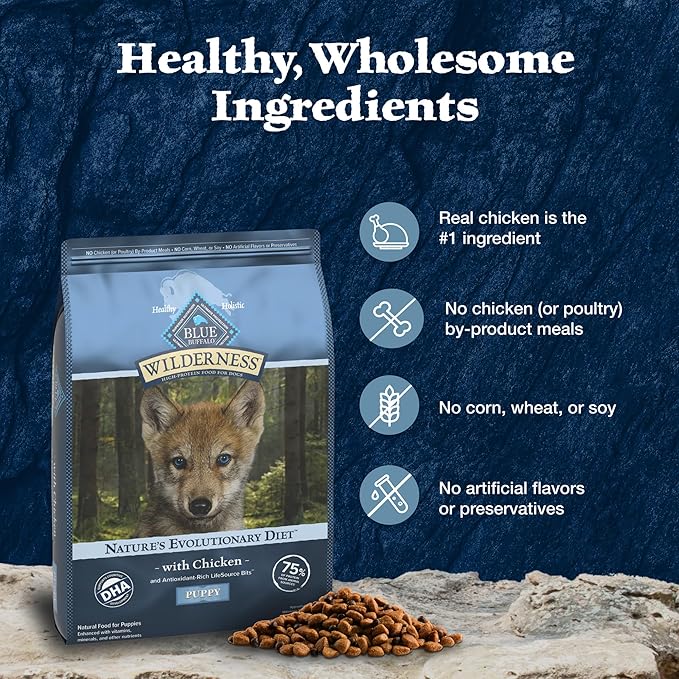 Blue Buffalo Wilderness High-Protein Natural Dry Food for Puppies, Chicken Recipe, 24-lb. Bag - PAWPICO