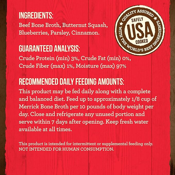 Merrick Grain Free Bone Broth, Premium Human Grade And Gluten Free Dog And Cat Food Topper Pouches, Beef - 7 oz. Pouch - PAWPICO