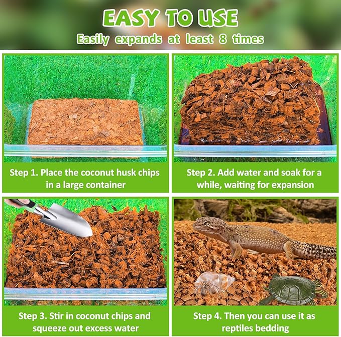 Legigo 4 Pack Coconut Chip Substrate for Reptiles, Natural Coco Husk Chip Reptiles Bedding, Compressed Coconut Chip Substrate for Snake, Tortoise, Ball Python, Gecko, Lizard Terrarium Tanks Legigo