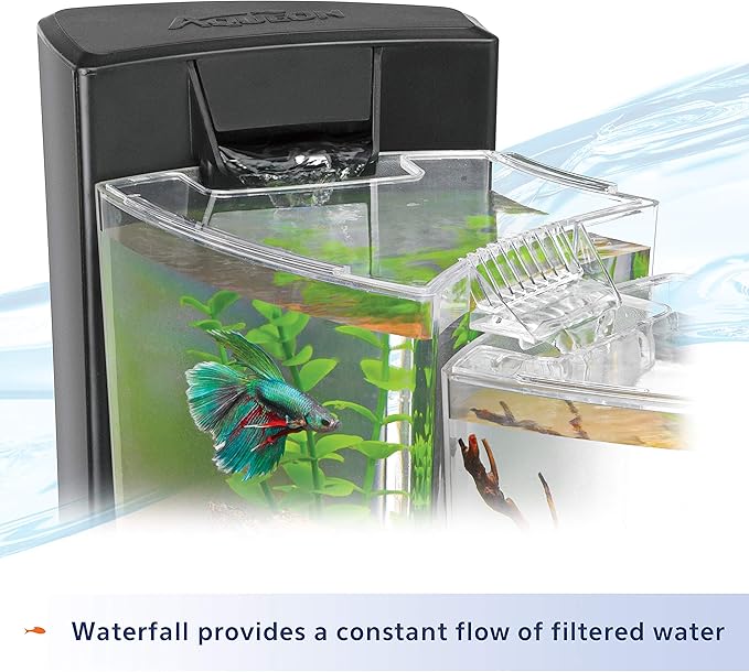 Aqueon Betta Falls 3 Section Aquarium Fish Tank With QuietFlow Power Filtration, Black Aqueon