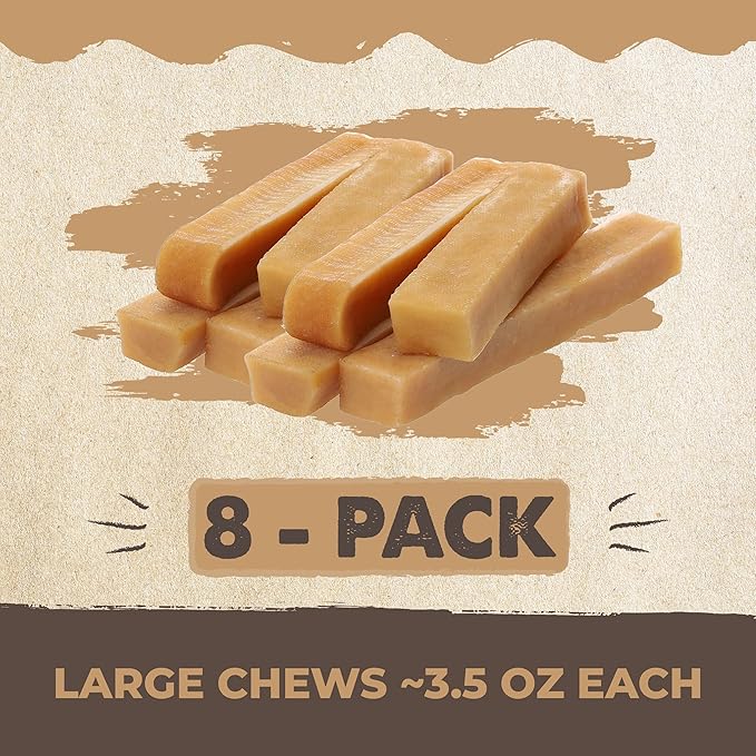 Mighty Paw Yak Cheese Chews for Dogs | All-Natural Long Lasting Pet Treats. Odorless and Great for Oral Health. Limited-Ingredient Chews for Puppies & Power-Chewers (Large, 8 Pack) - PAWPICO