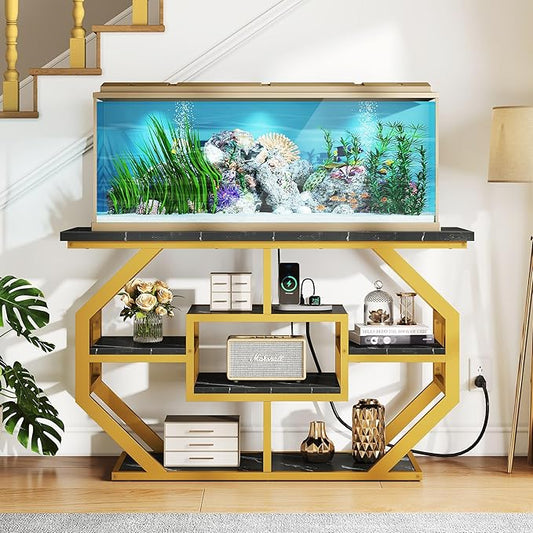 DWVO 55-75 Gallon Aquarium Stand with Power Outlet, Display Stand for Turtle Tank, Reptile Terrarium, Metal Fish Tank Stand Suitable for Living Room, Entryway, 860LBS Capacity, Black & Gold DWVO