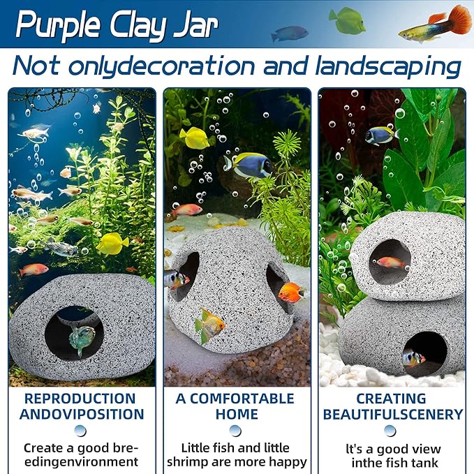 Aquarium Decorations Cave Fish Tank Accessories Rock Decor for Shrimp Cichlid Hiding Breeding Small Fish Bowl Hide Decoration Betta Toys Hideout Stones House(2pcs) Ameliade