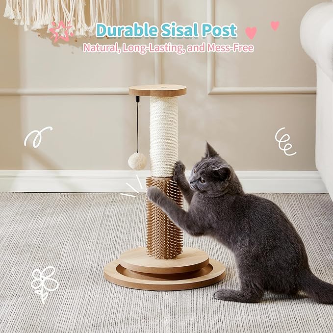 Made4Pets Cat Scratching Post 18" Tall for Small Kittens, 4-in-1 Cat Scratcher with Natural Sisal Ropes, Wooden Turntable Track Toy with Self Grooming Brush, Premium Scratch Pole with Plush Balls - PAWPICO