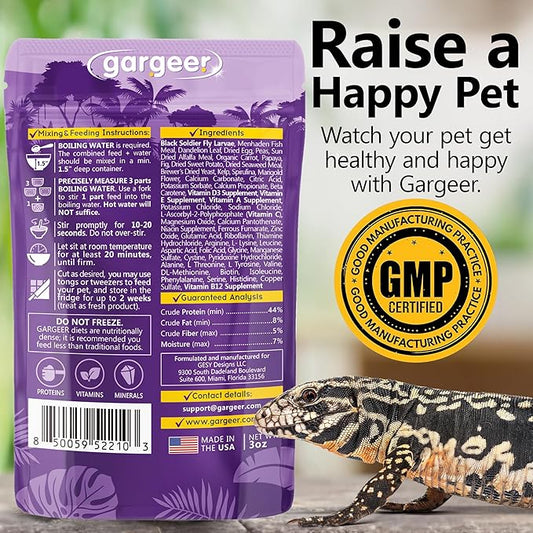 3oz Tegu Lizard Food. Complete Gel Diet for Both Juveniles and Adults. Proudly Made in The USA, Using Premium Ingredients, Fortified Gourmet Formula. Enjoy! Gargeer