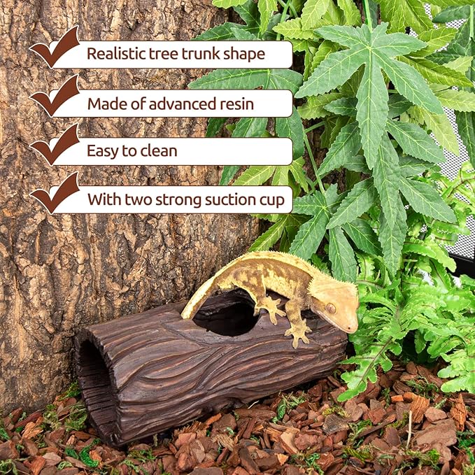 REPTIZOO Reptile Hide Cave Resin Hollow Tree Trunk Hideout Hermit Crab Climbing Toys Reptile Shelter Sleeping Cave for Arboreal Reptiles, Hermit Crabs, Leopard Gecko, Lizard Terrarium Decor REPTIZOO