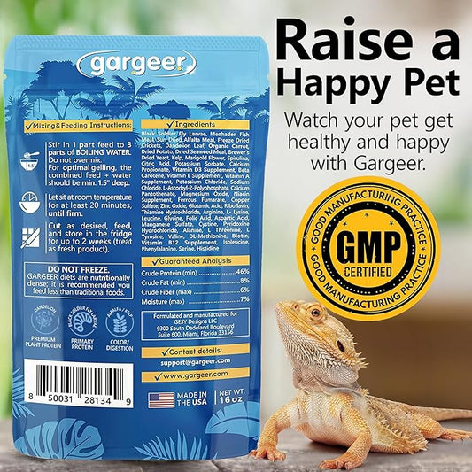 16oz Bearded Dragon Food. Complete Gel Diet for Both Juveniles and Adults. Proudly Made in The USA, Using Premium Ingredients, Fortified Gourmet Formula. Enjoy! Gargeer
