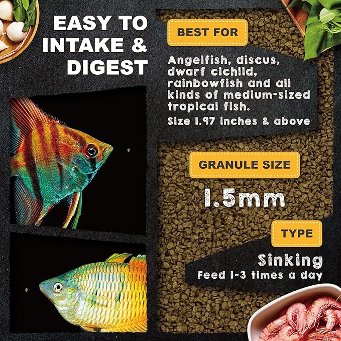 Ultra Fresh Tropical Fish Food, Wild Sword Prawn, Natural Color Enhancement, Slow Sinking Pellet for Discus, Angelfish, Medium Sized Cichlids and Fish, Tropical Excellent Bits 4.6 oz UltraFresh-ShrimpDelight
