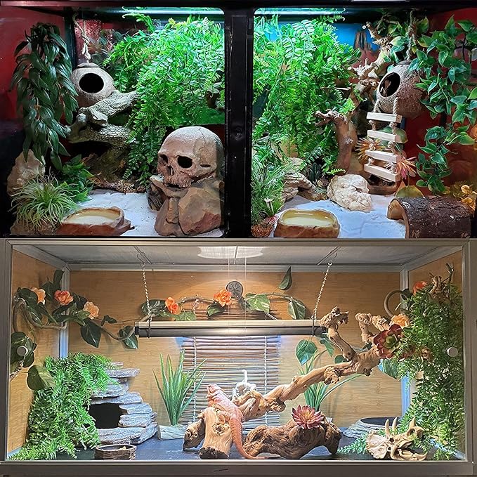 Tfwadmx Crested Gecko Tank Accessories 5Pcs Reptile Vines Plants Flexible Jungle Climbing Vine Gecko Coconut Coco Shell Hut Terrarium Plastic Plant Habitat Decor for Snake,Lizard,Hermit Crab Tfwadmx