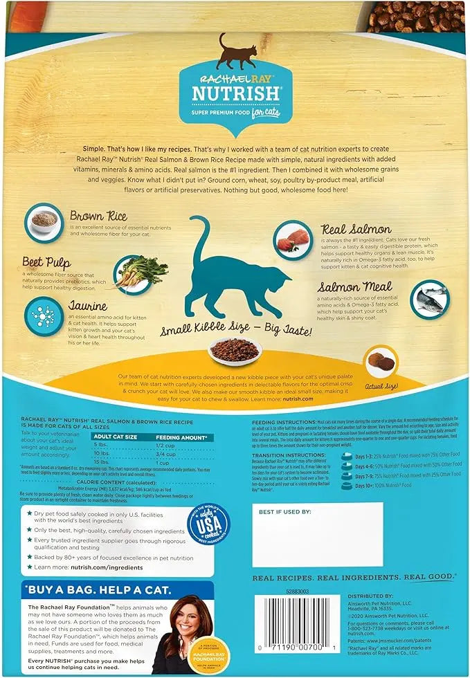 Nutrish Rachael Ray Premium Natural Dry Cat Food with Added Vitamins, Minerals & Other Nutrients, Real Salmon & Brown Rice Recipe, 6 Pound Bag - PAWPICO
