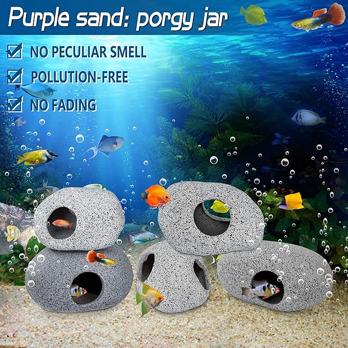 Aquarium Decorations Cave Fish Tank Accessories Rock Decor for Shrimp Cichlid Hiding Breeding Small Fish Bowl Hide Decoration Betta Toys Hideout Stones House(2pcs) Ameliade