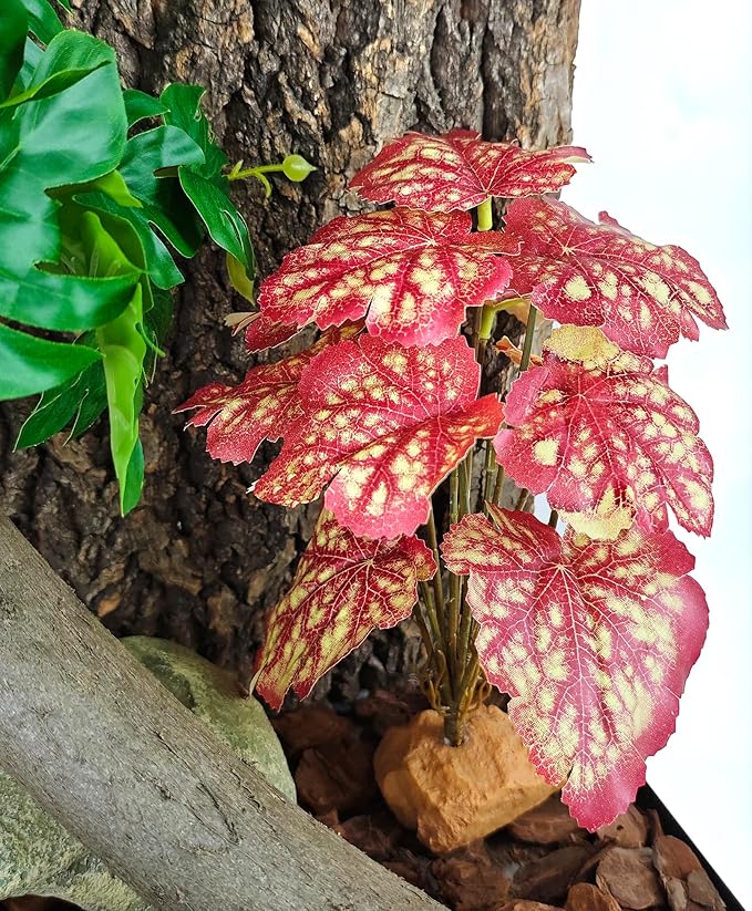 Woyrise Reptile Artificial Plants for Terrarium Decor, Amphibian Habitat Decorations Bearded Dragon Tank Accessories fit Crested Gecko Leopard Lizard Chameleon Snake Frog - Fake Pink Heuchera Woyrise