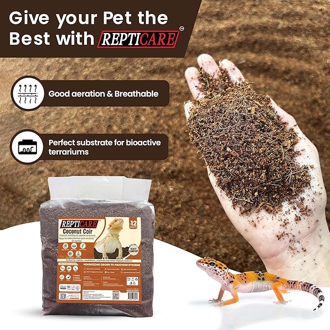 ReptiCare Coconut Fiber Substrate for Reptiles 12 Q, Organic Ready to Use - Odor Absorbent Coco Coir Terrarium Bedding for Ball Pythons, Boas, Snakes, Tortoises, Geckos, Frogs and Tarantulas Gro-Med